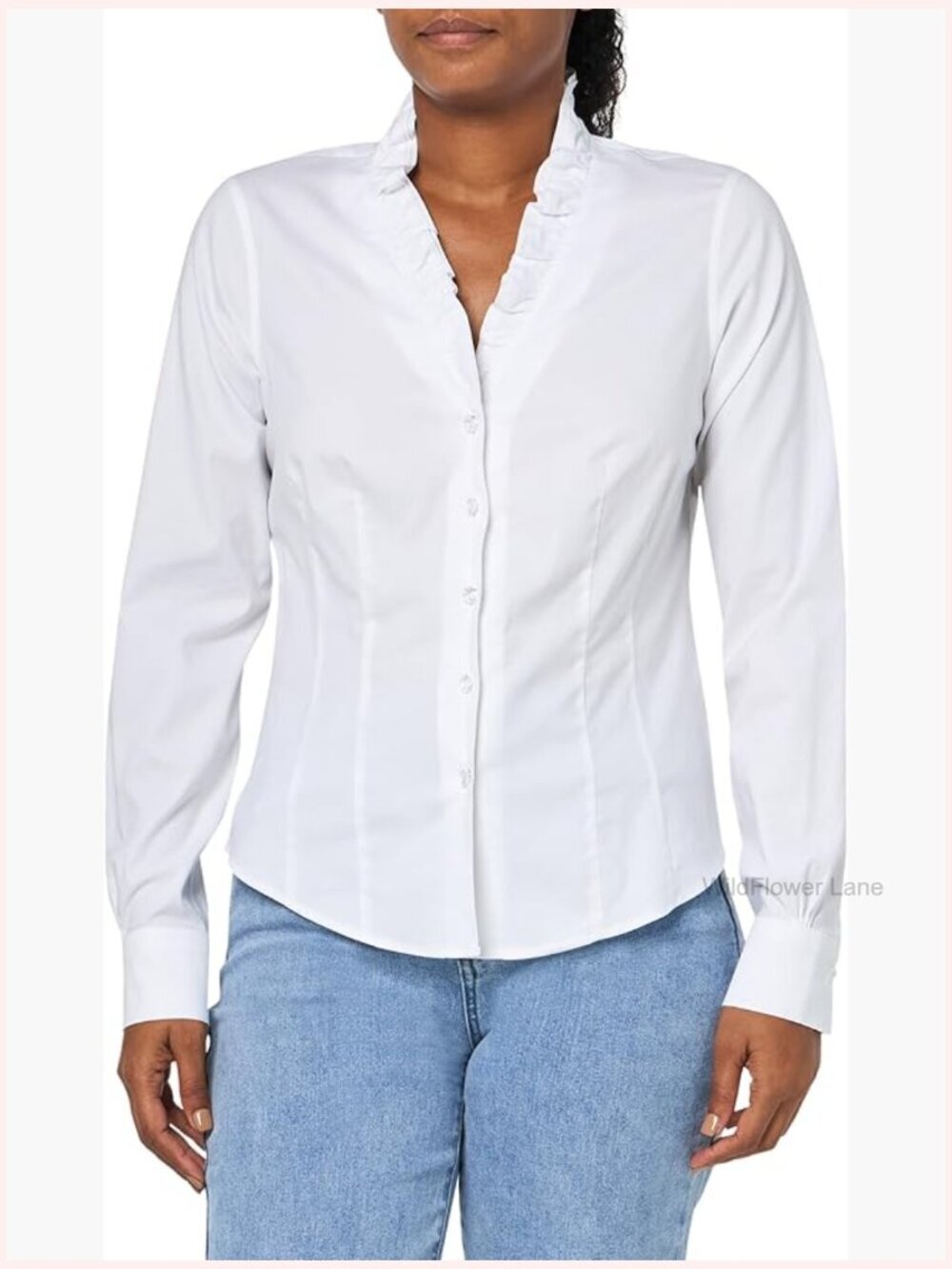 Women's Fitted Long Sleeve Non-Iron Stretch Ruffle Neck Blouse